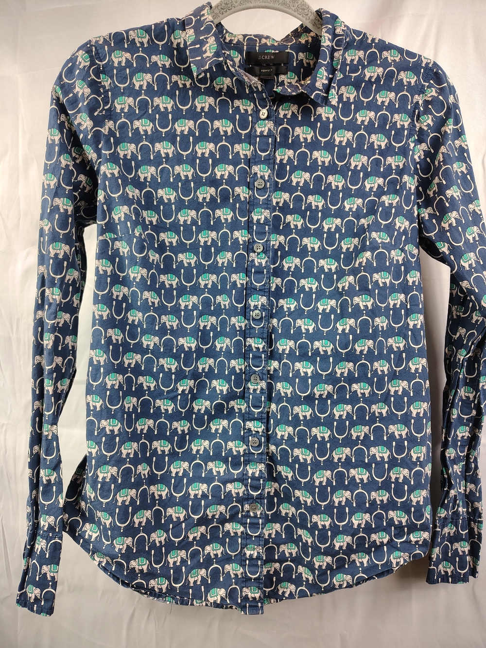 J Crew Women's Perfect Fit Long Sleeve Shirt Elephant Print Button Down  Size 6T